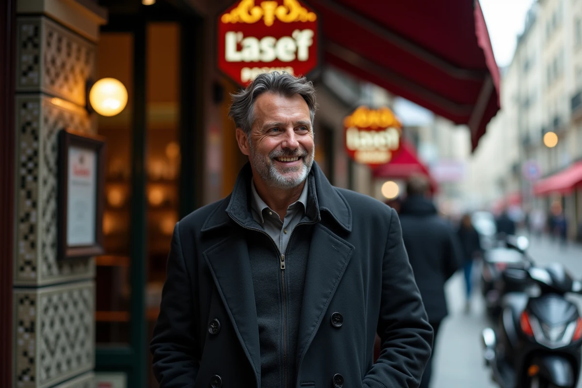 Acteur français souriant devant un café parisien