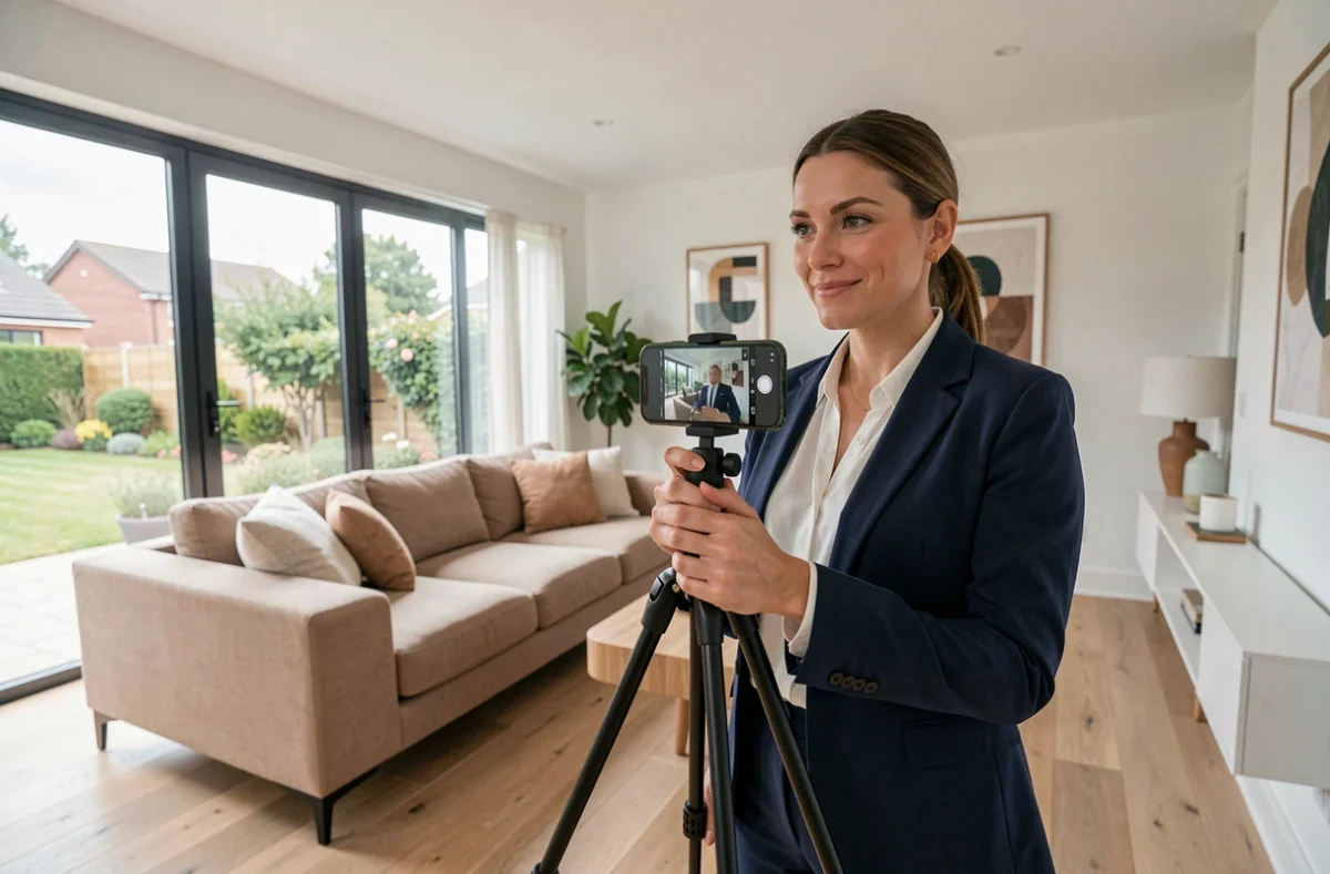 Agent immobilier réalisant une visite virtuelle 360 degrés d'un salon moderne avec un smartphone sur trépied