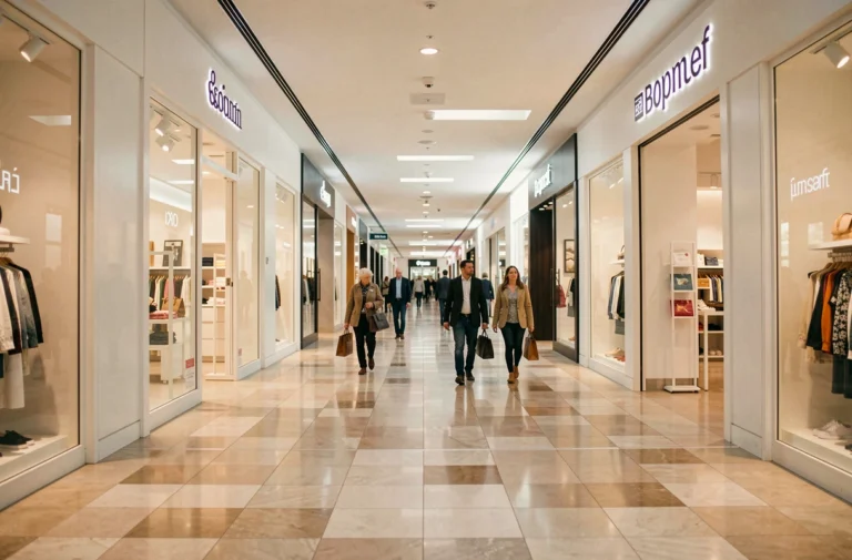 Allée principale du centre commercial Bois Cany à Grand Quevilly avec des boutiques et des visiteurs