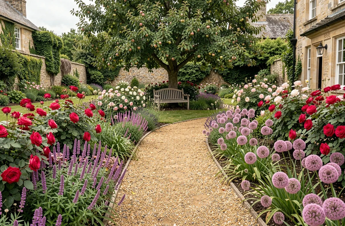 Allée de jardin sinueuse bordée de rosiers et de fleurs vivaces menant à un banc en bois sous un pommier