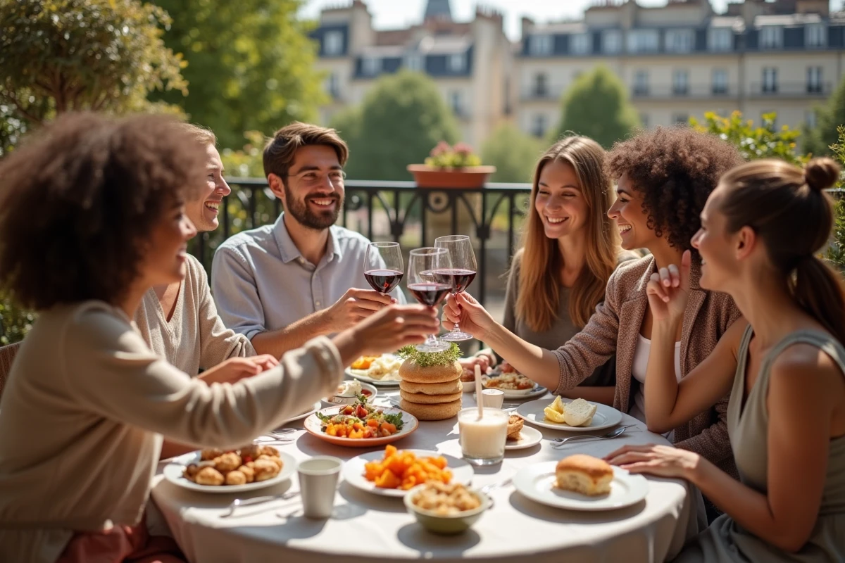 Groupe d amis dégustant un repas français en terrasse parisienne