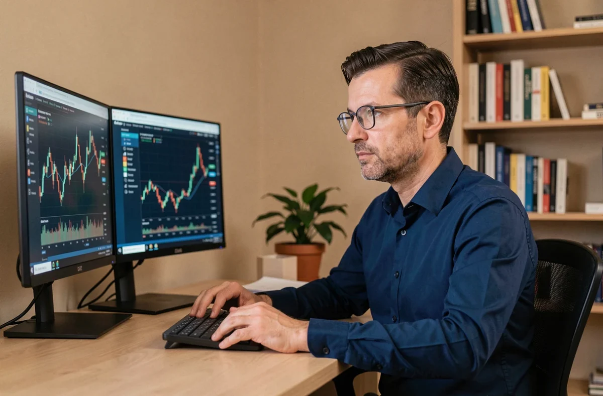 Homme analysant des graphiques boursiers sur deux écrans dans un bureau moderne à domicile