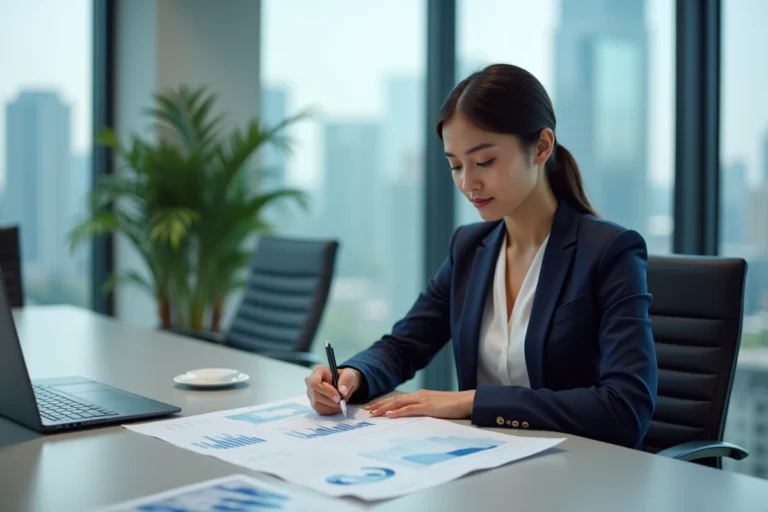 Analyste économique féminine en blazer marine étudiant des graphiques financiers dans un bureau d'entreprise moderne avec vue sur la ville