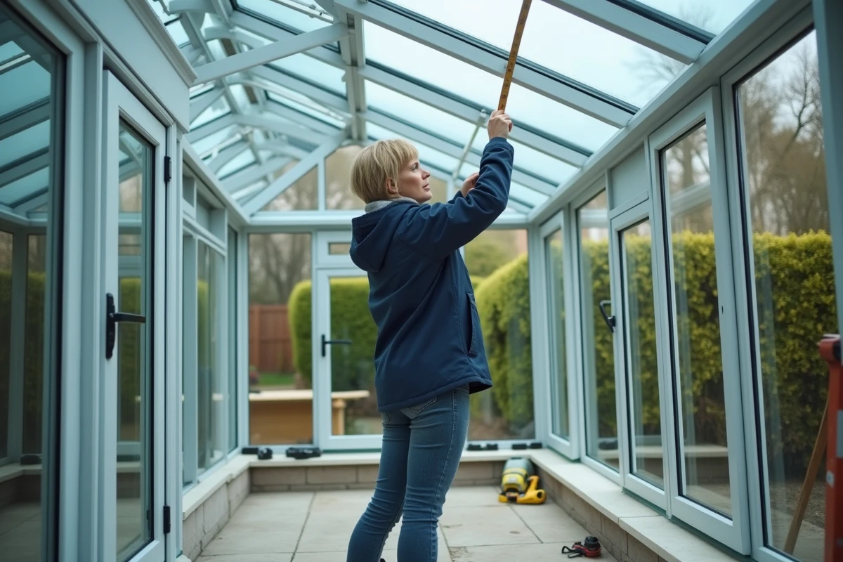 Femme mesurant un panneau de toit en polycarbonate lors de l'assemblage d'une véranda en kit à ossature aluminium