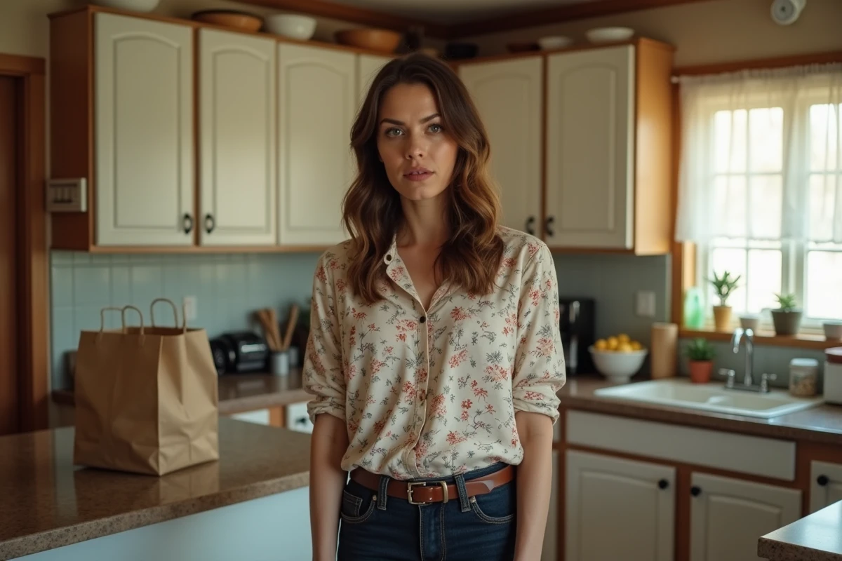 Femme en cuisine suburbaine exprimant défiance et vulnérabilité, illustrant la tension dramatique de la série Good Girls