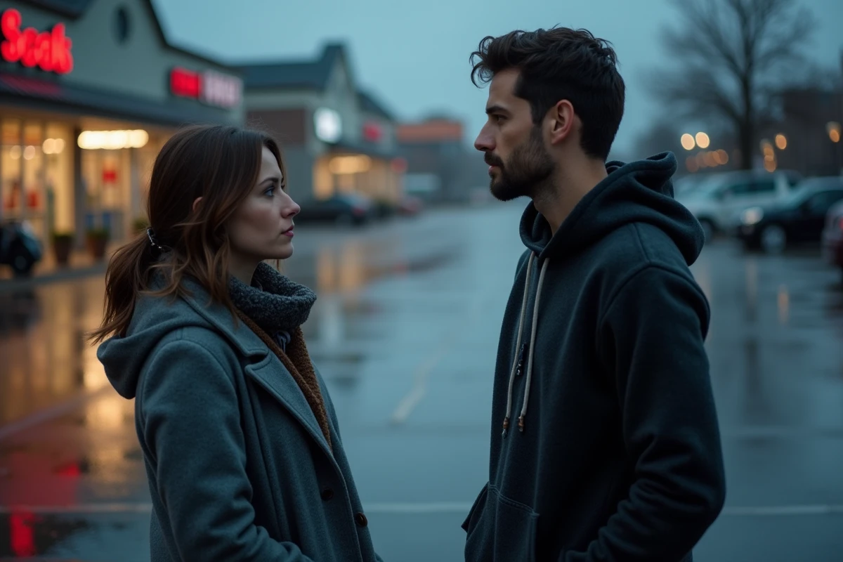 Deux personnages face à face sur un parking pluvieux au crépuscule, illustrant la relation complexe et tendue entre Beth et Rio dans Good Girls