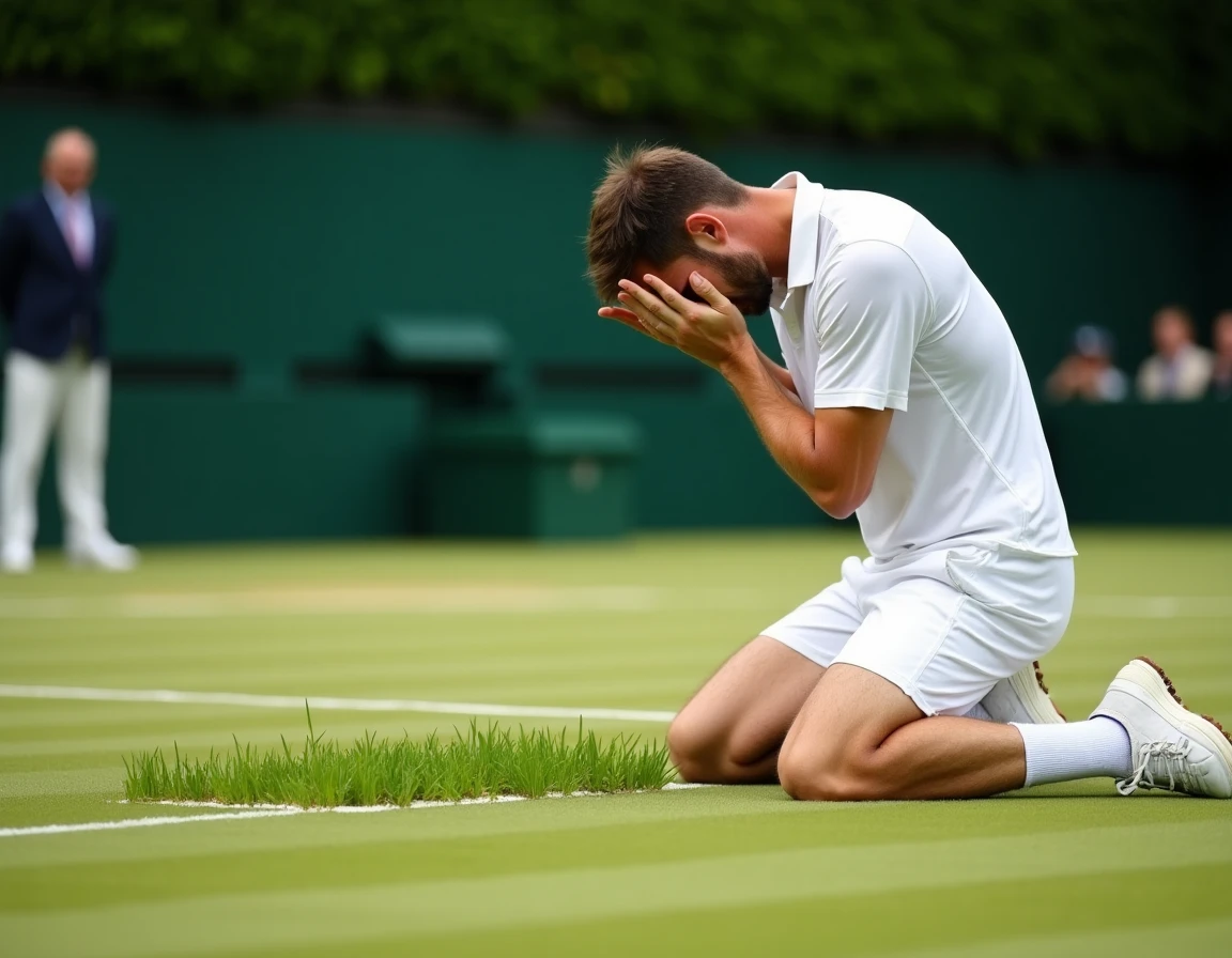 Joueur de tennis à genoux sur le gazon célébrant une victoire émotionnelle lors d'un tournoi du Grand Chelem sur herbe