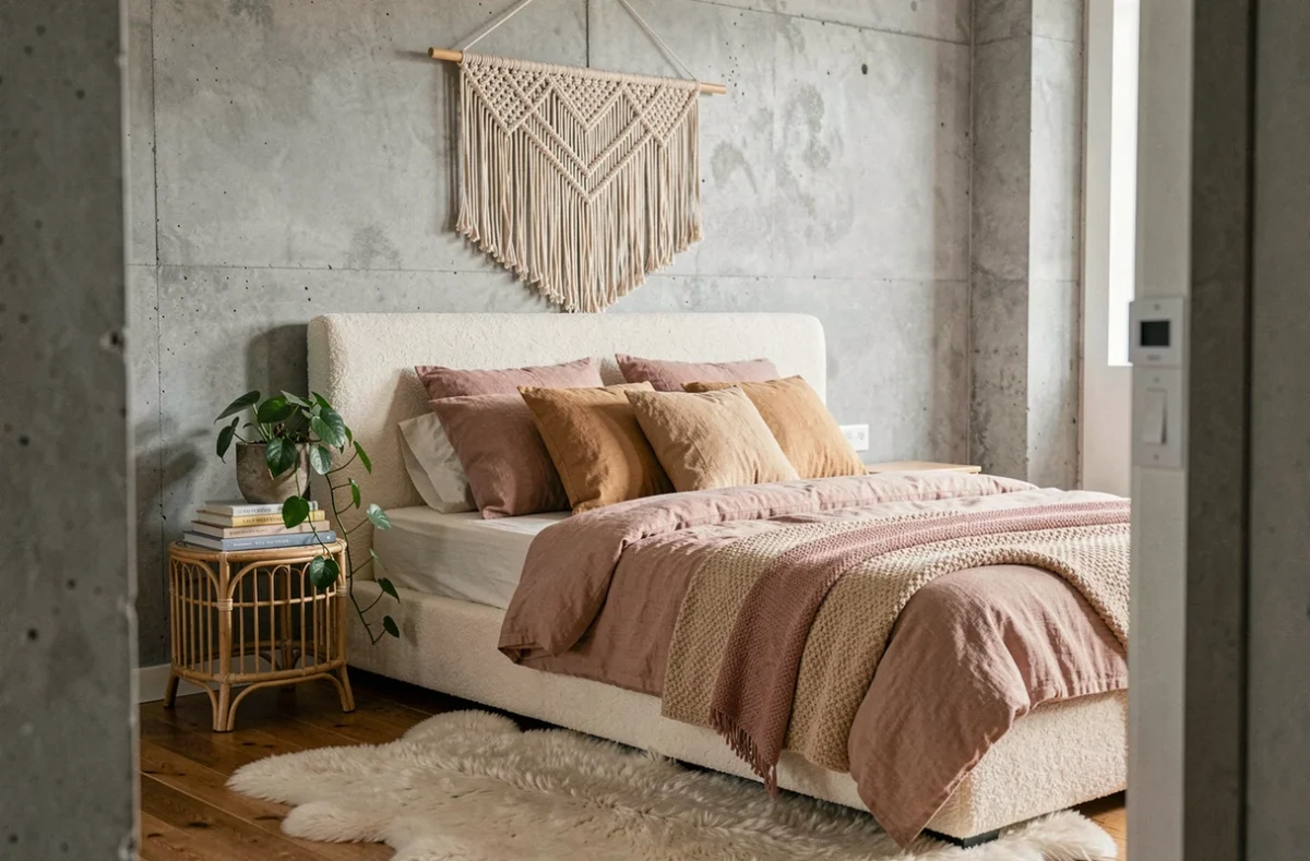 Chambre bohème moderne avec tête de lit en bouclé, suspension en macramé et plante verte sur table de chevet en rotin