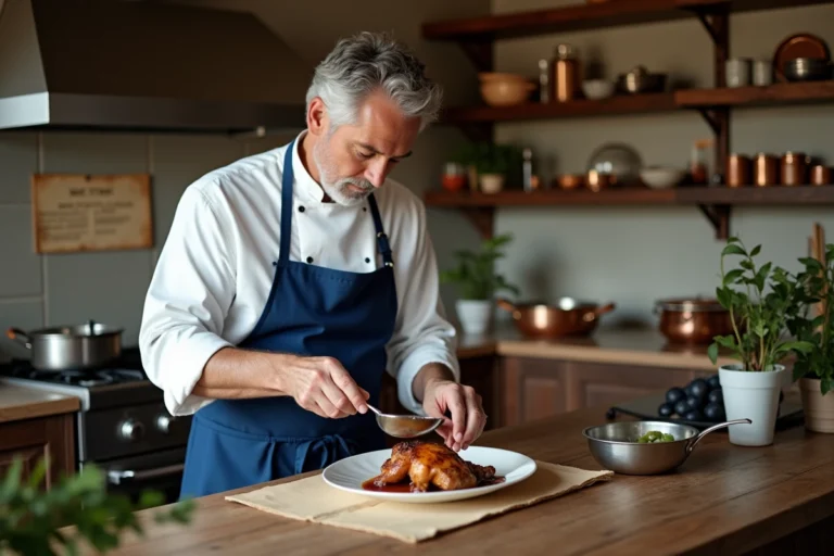 Chef français en cuisine rustique préparant un coq au vin