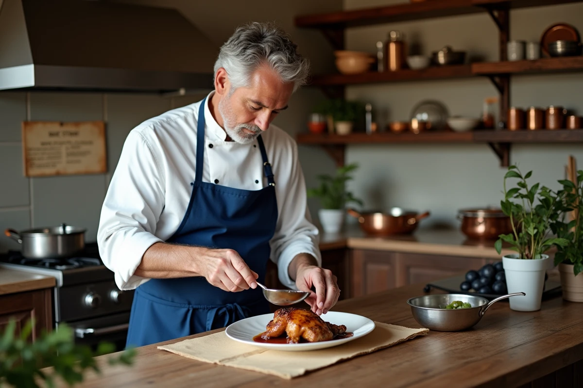 Chef français en cuisine rustique préparant un coq au vin