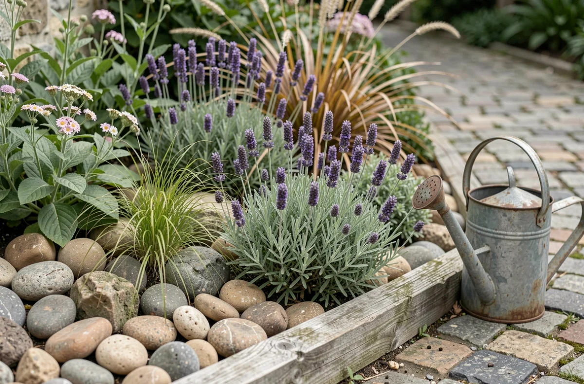 Coin de jardin aménagé avec lavande, graminées ornementales et galets pour un effet harmonieux et naturel