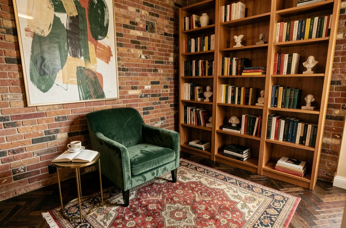 Coin lecture cosy avec fauteuil en velours vert, bibliothèque en bois et tapis persan dans un intérieur éclectique