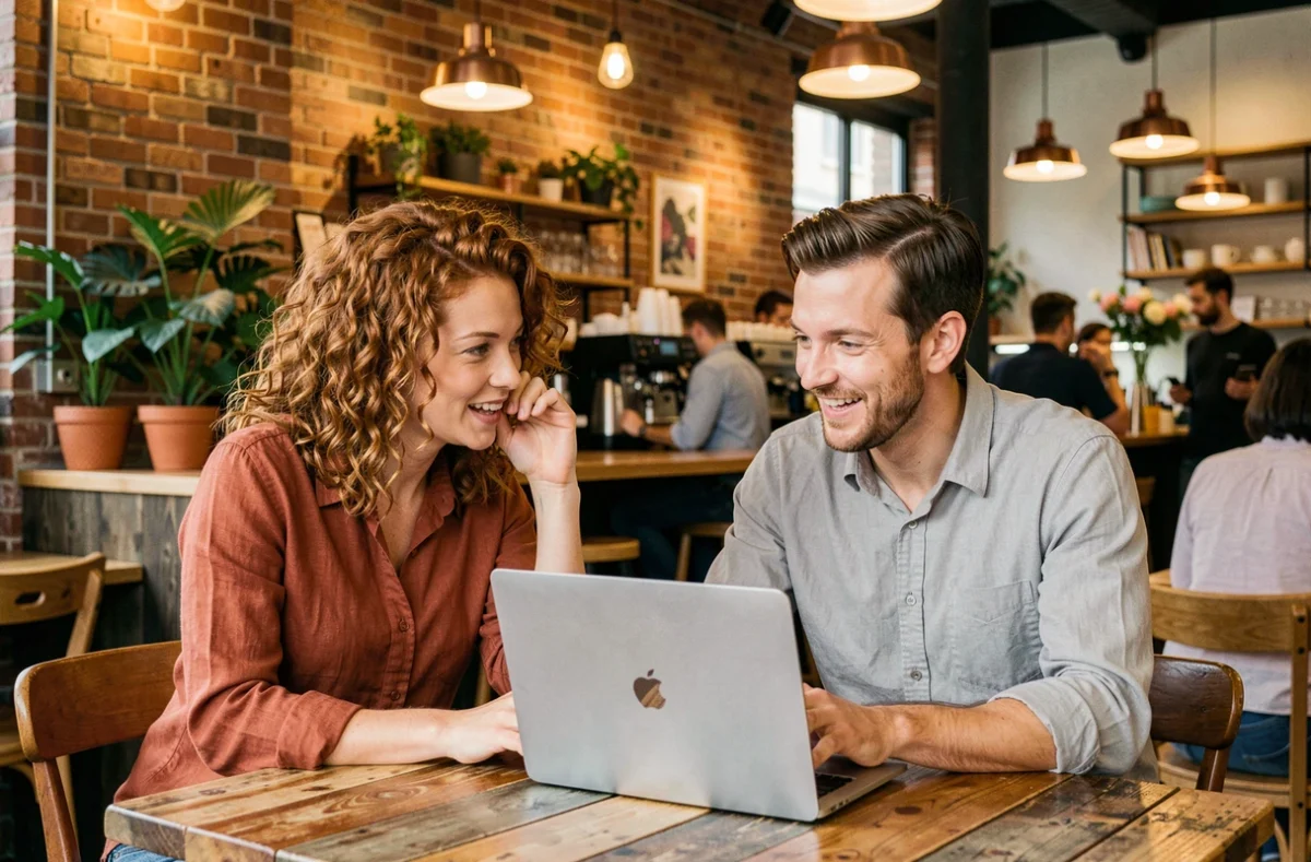 Deux collègues discutant des dernières actualités et innovations autour d'un ordinateur dans un café urbain