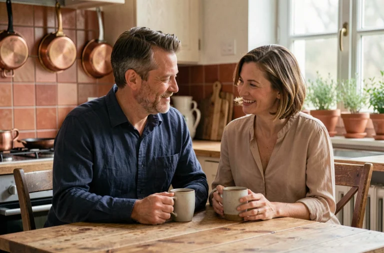 Couple discret partageant un moment authentique autour d'un café dans une cuisine chaleureuse et simple