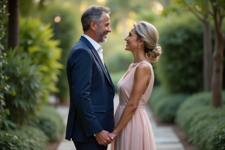 Couple sophistiqué dans un jardin paisible en costume et robe pastel