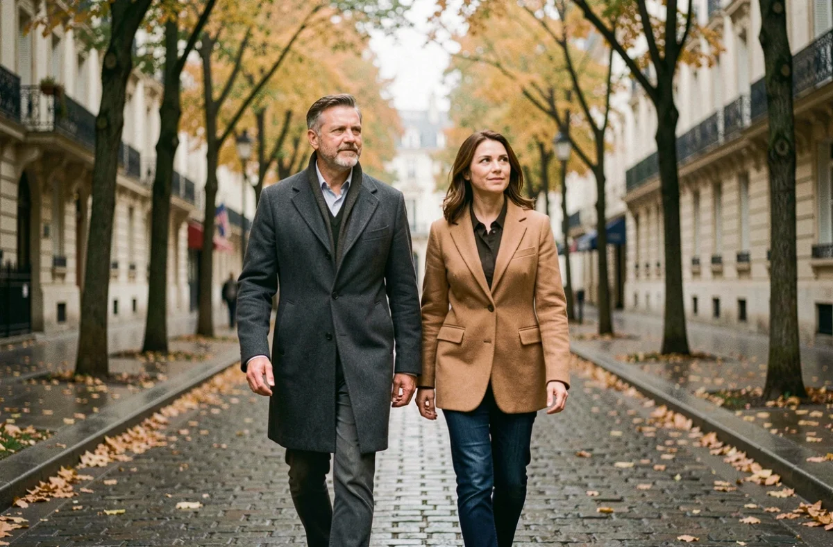 Couple élégant et discret se promenant dans une rue parisienne en automne, reflet de leurs valeurs communes