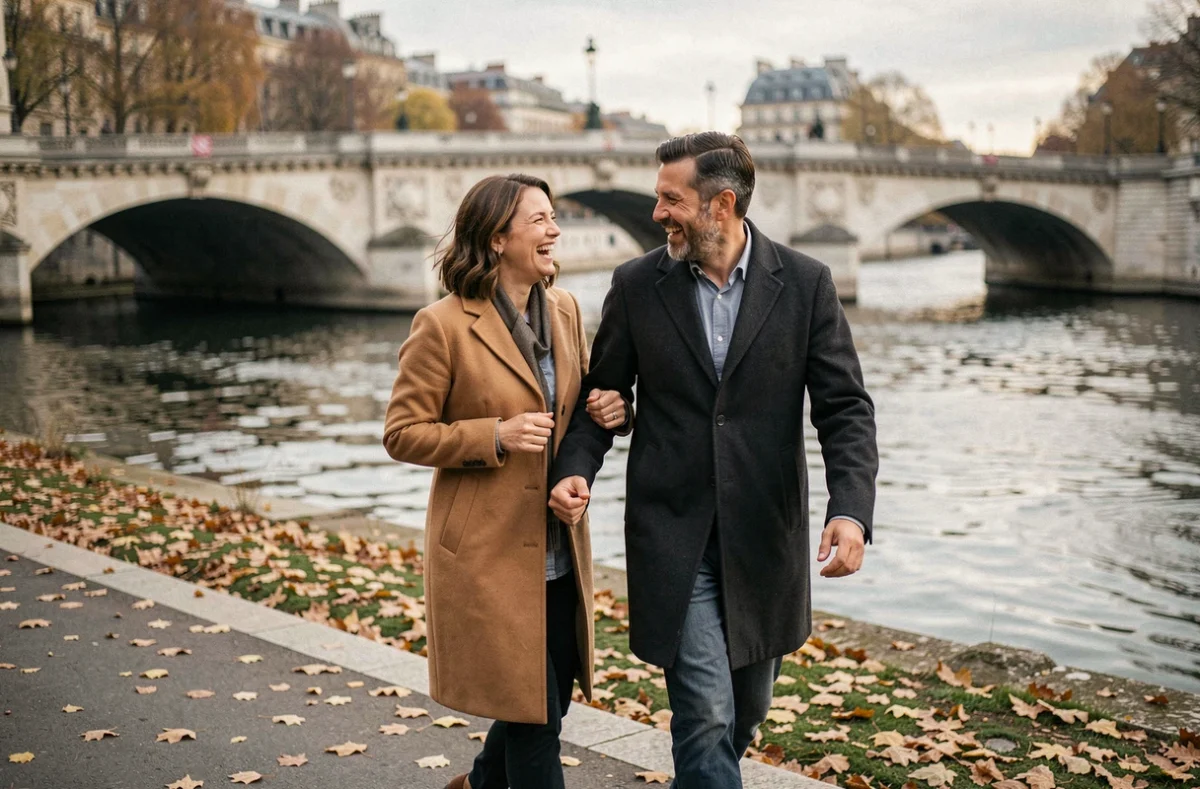 Couple se promenant le long de la Seine à Paris en automne, ambiance romantique et élégante