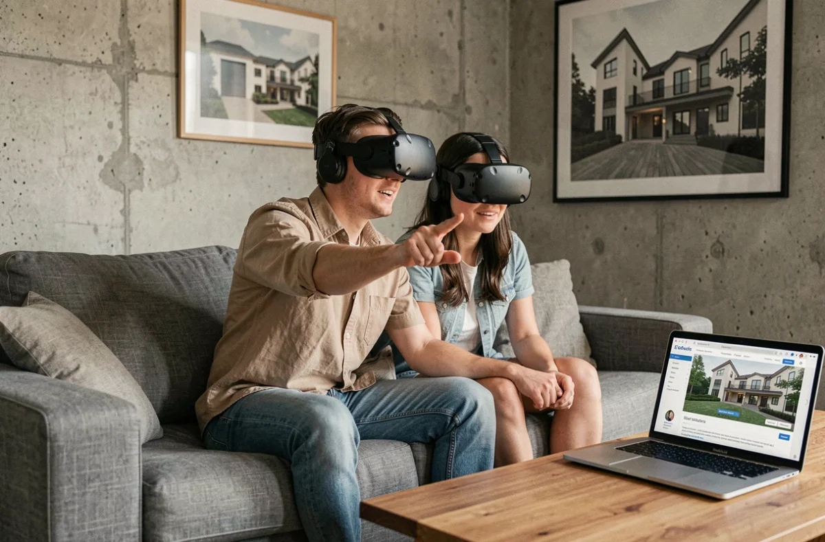 Couple visitant un bien immobilier à distance grâce à un casque VR et une visite virtuelle interactive