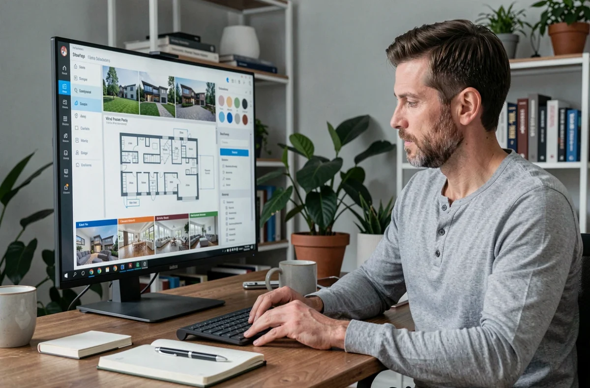 Homme utilisant un logiciel immobilier sur ordinateur pour créer et éditer une visite virtuelle gratuite