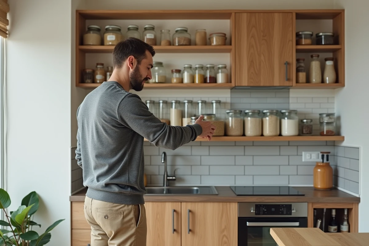 Homme organisant des bocaux en verre dans une petite cuisine minimaliste avec des étagères flottantes en bois clair