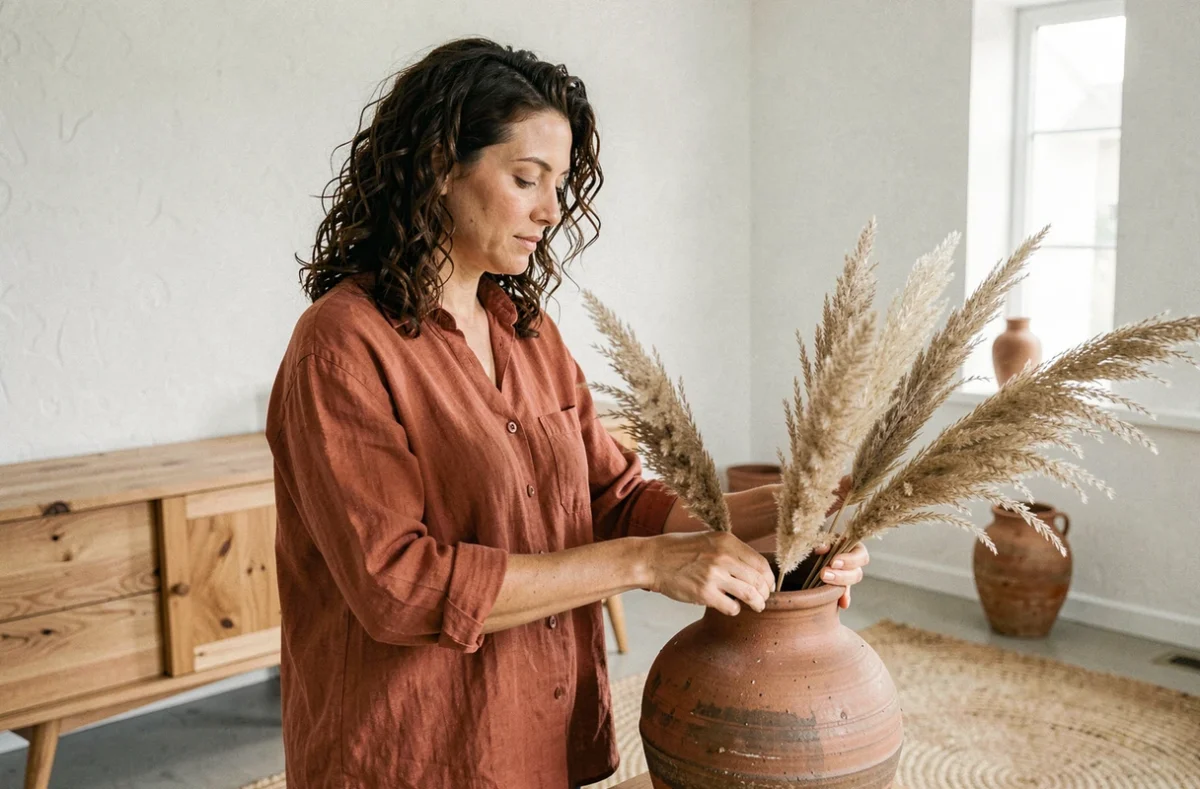 Femme arrangeant des herbes de pampa dans un vase en céramique dans un salon au style scandinave épuré