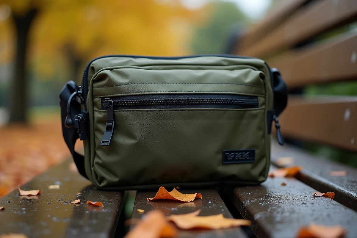 Détail rapproché d'un sac bandoulière imperméable en cordura avec coutures étanches sur un banc de parc mouillé