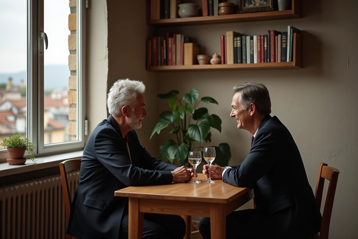 Deux personnes assises à une table dans un appartement chaleureux