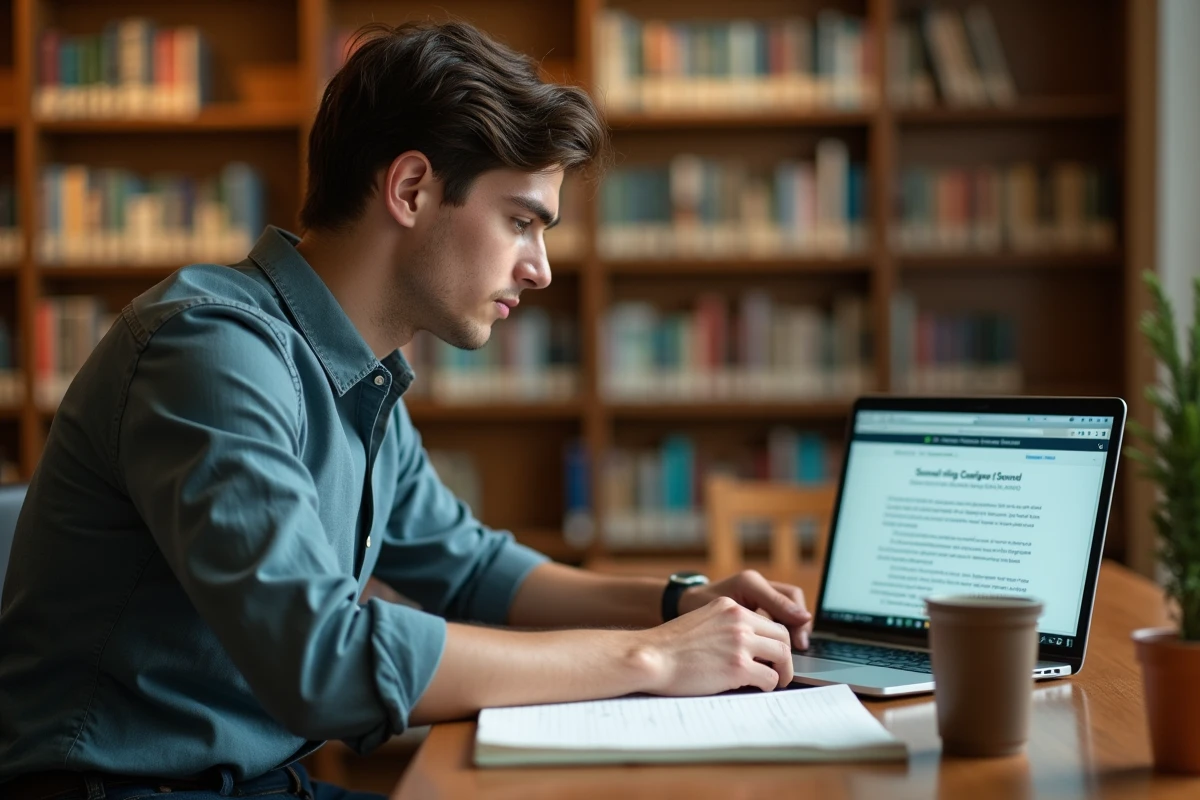 Éducateur suivant une formation en ligne sur l'organisation de séjours scolaires dans une bibliothèque universitaire