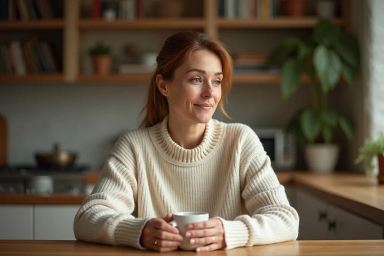 Femme aux cheveux châtains en pull crème assise à une table en bois, tenant une tasse, dans une ambiance intérieure chaleureuse et intimiste