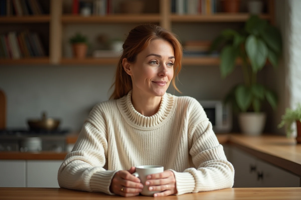 Femme aux cheveux châtains en pull crème assise à une table en bois, tenant une tasse, dans une ambiance intérieure chaleureuse et intimiste