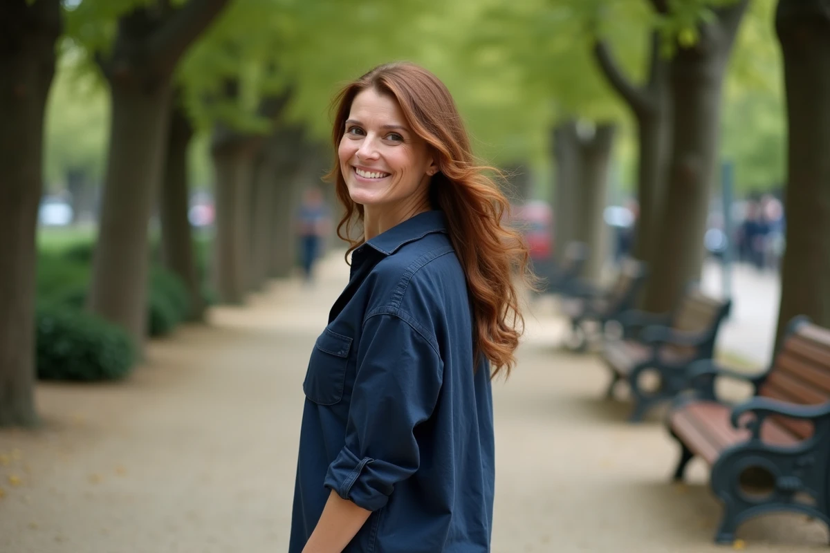 Femme en chemise en lin marine marchant dans un parc parisien arboré, regard spontané par-dessus l'épaule, ambiance naturelle et décontractée