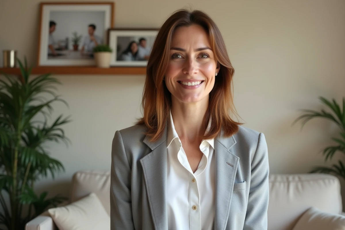 Femme en blazer gris souriante dans un salon décoré de photos de famille, atmosphère personnelle et apaisante