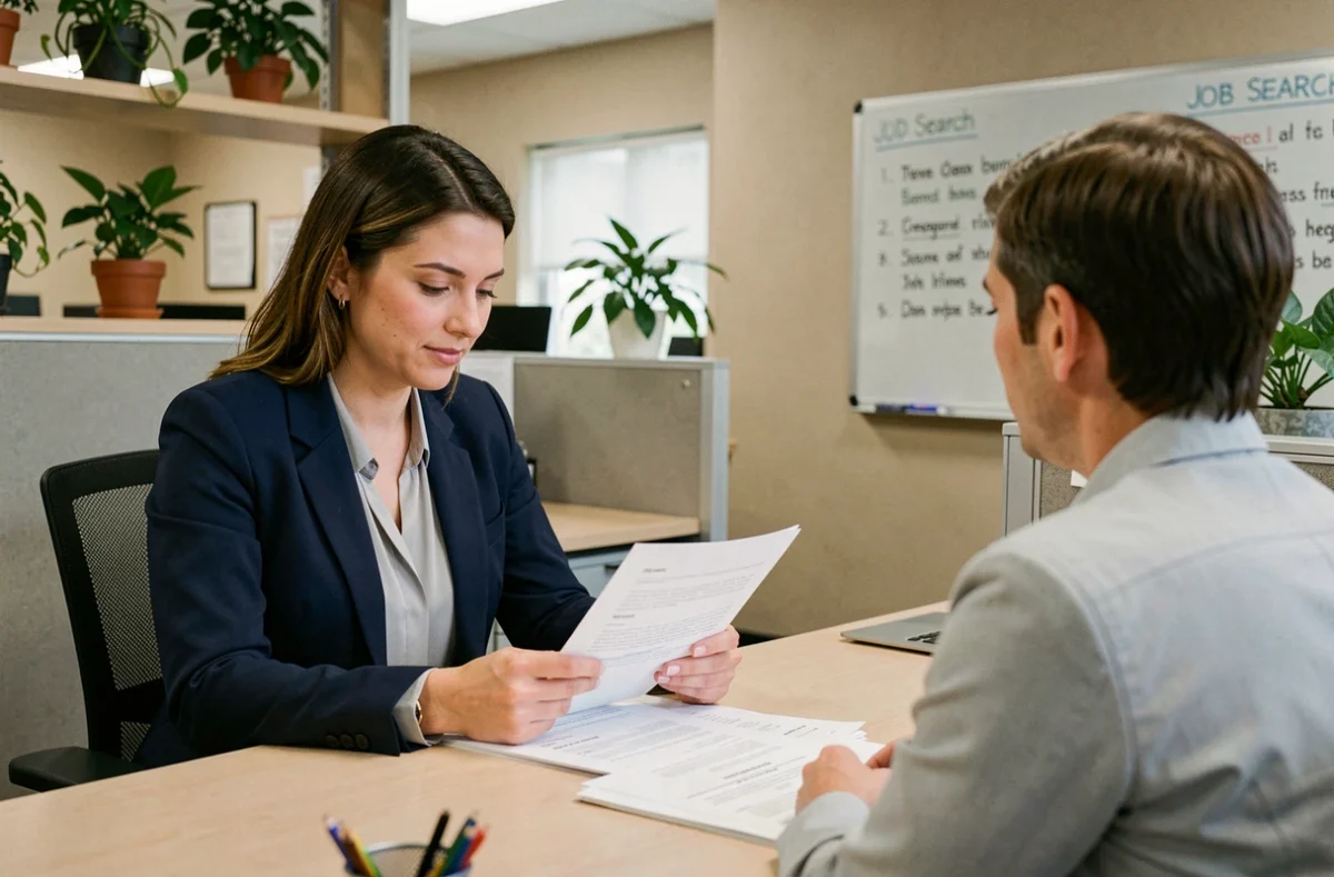 Femme en entretien individuel avec un conseiller Pôle Emploi dans un bureau d'accompagnement professionnel moderne