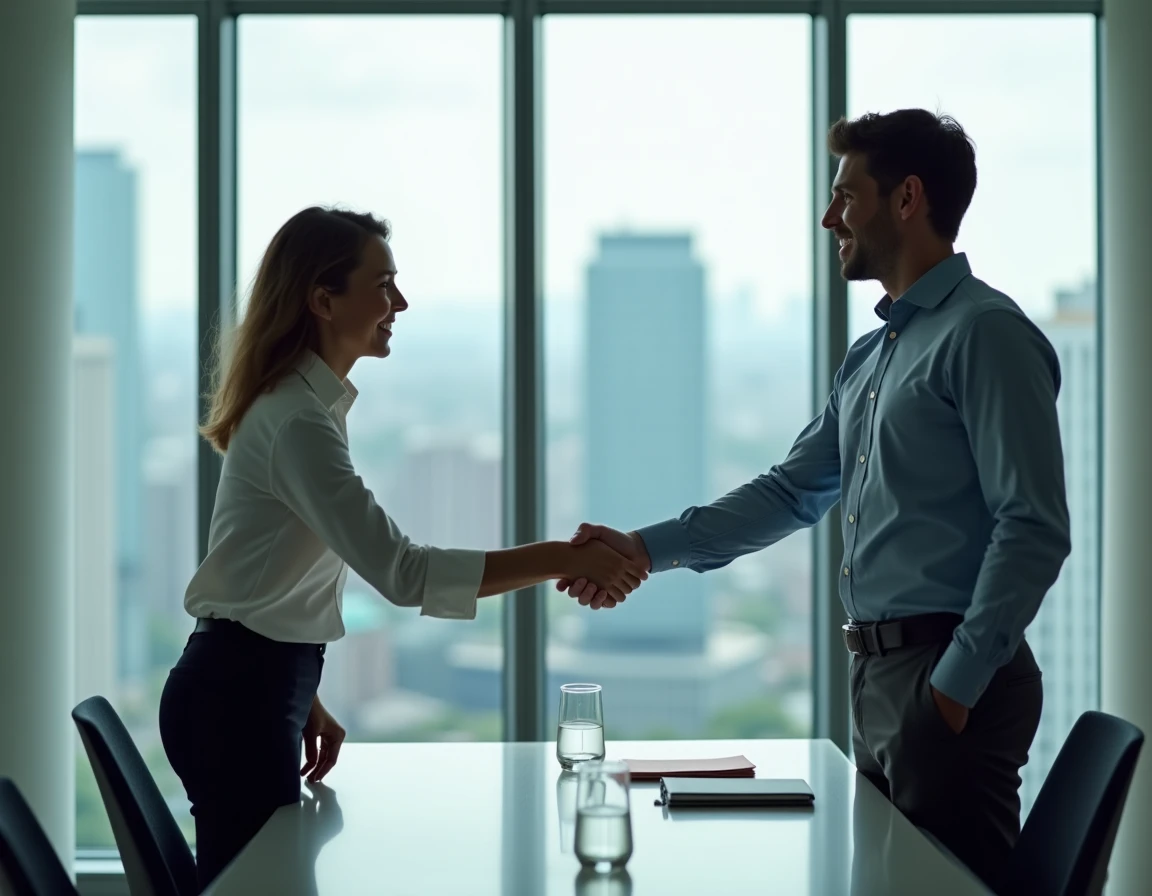 Homme en entretien d'embauche serrant la main d'un recruteur dans une salle de réunion moderne pour décrocher un emploi correspondant à ses compétences