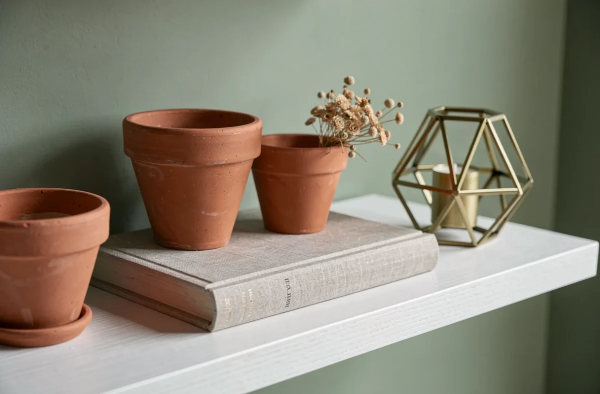 Étagère décorée avec des pots en terre cuite, fleurs séchées et bougeoir en laiton sur fond vert sauge