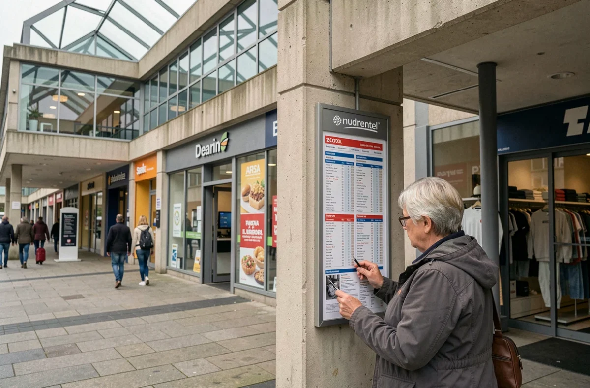 Façade et plan du centre commercial Bois Cany avec répertoire des magasins à Grand Quevilly