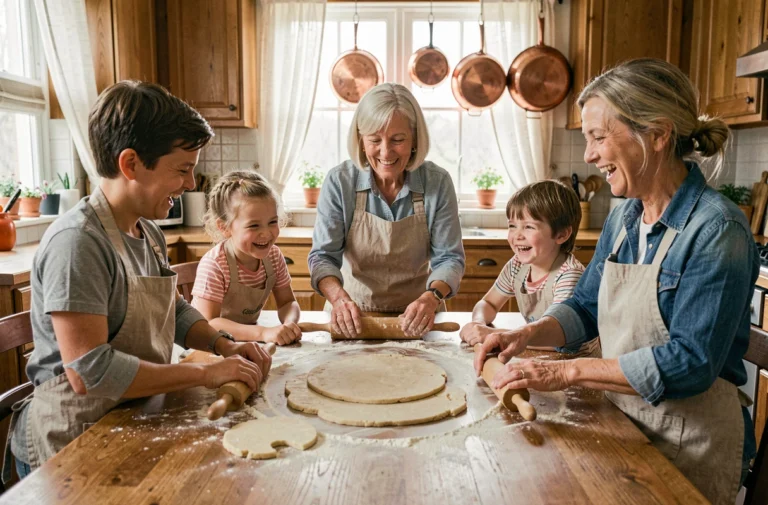 Famille multigénérationnelle qui cuisine ensemble des biscuits faits maison dans une cuisine chaleureuse, moment de partage authentique