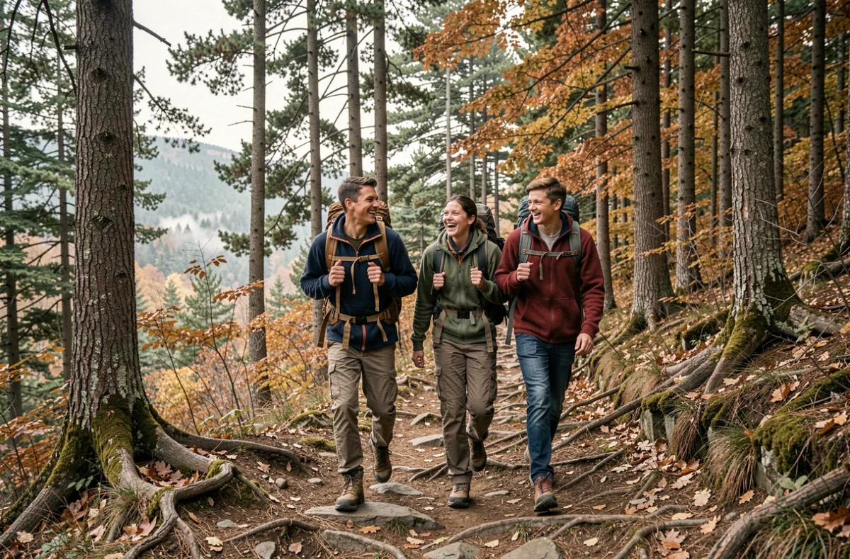 Famille de quatre personnes en randonnée dans une forêt automnale, partageant un moment de complicité sur un sentier boisé