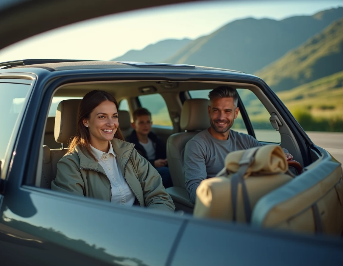 Famille installée dans une voiture familiale 5 places lors d'un voyage en route avec paysage de montagne en arrière-plan