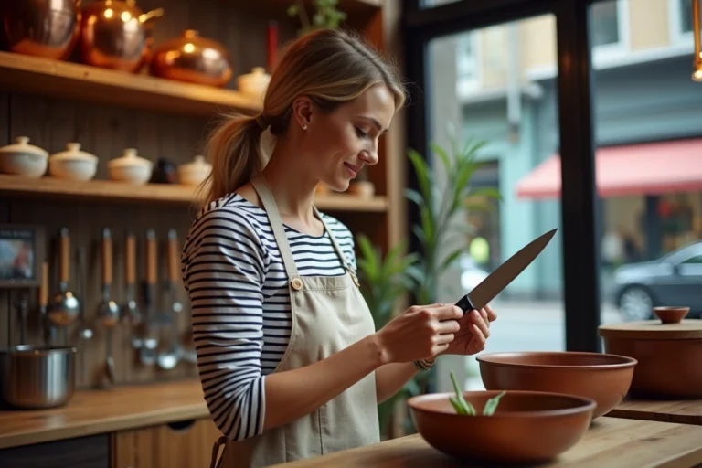 Femme examinant un couteau de chef dans une boutique spécialisée en ustensiles de cuisine