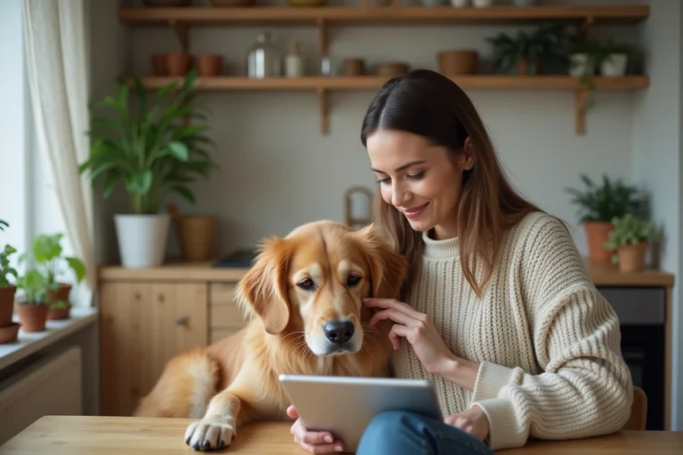 Femme avec chien golden retriever sur table cuisine
