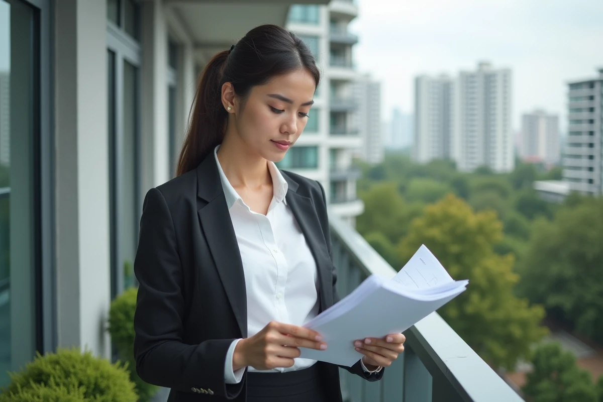 Jeune femme examinant des documents sur un balcon avec vue urbaine
