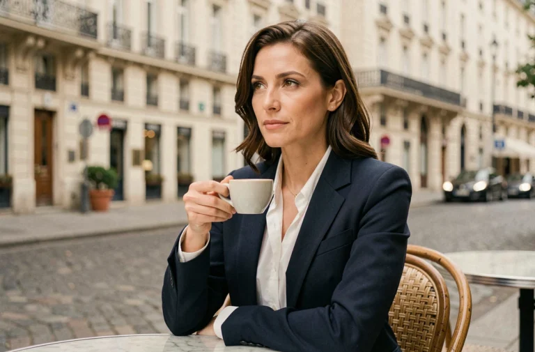 Femme élégante assise en terrasse de café parisien, regard pensif, style journaliste politique