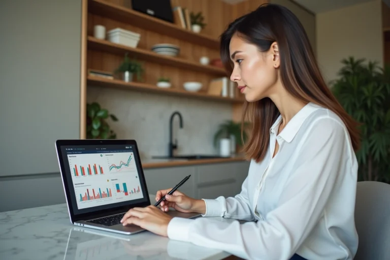 Jeune femme analysant des graphiques financiers sur son ordinateur