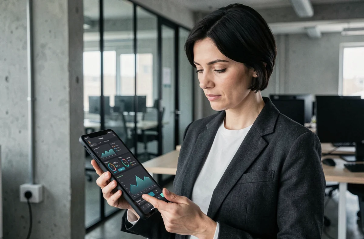 Femme professionnelle consultant des innovations numériques sur une tablette dans un espace de travail moderne