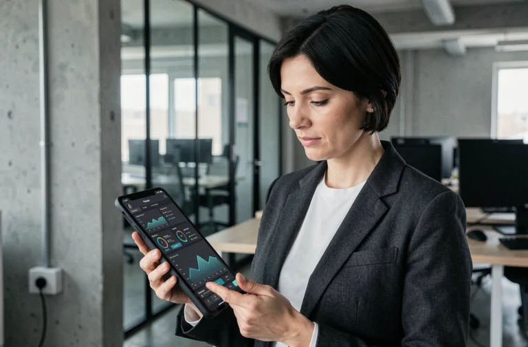 Femme professionnelle consultant des innovations numériques sur une tablette dans un espace de travail moderne