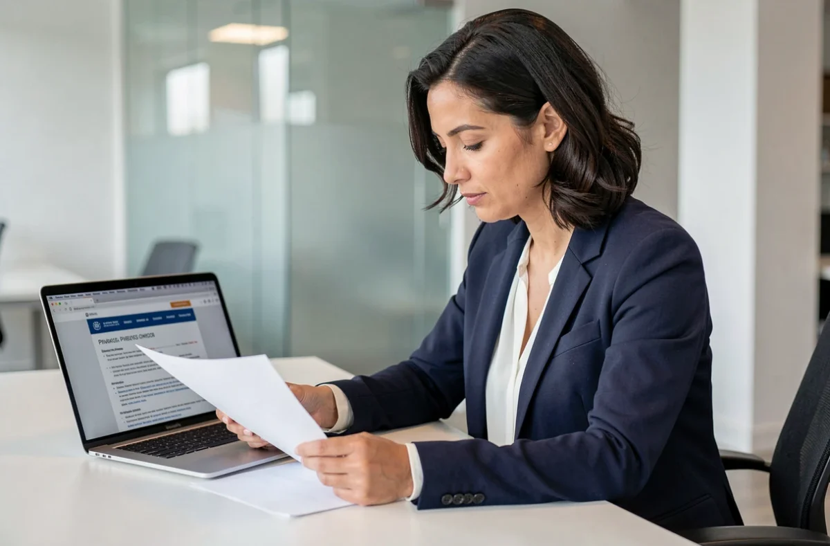 Femme d'affaires examinant des documents de mentions légales dans un bureau moderne