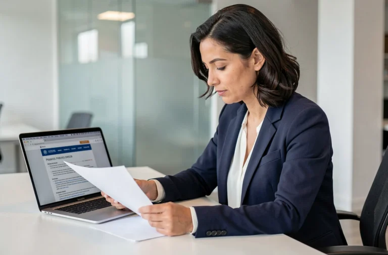 Femme d'affaires examinant des documents de mentions légales dans un bureau moderne
