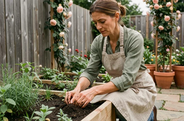 Femme plantant des herbes aromatiques dans un potager surélevé en bois au milieu d'un jardin harmonieux et coloré
