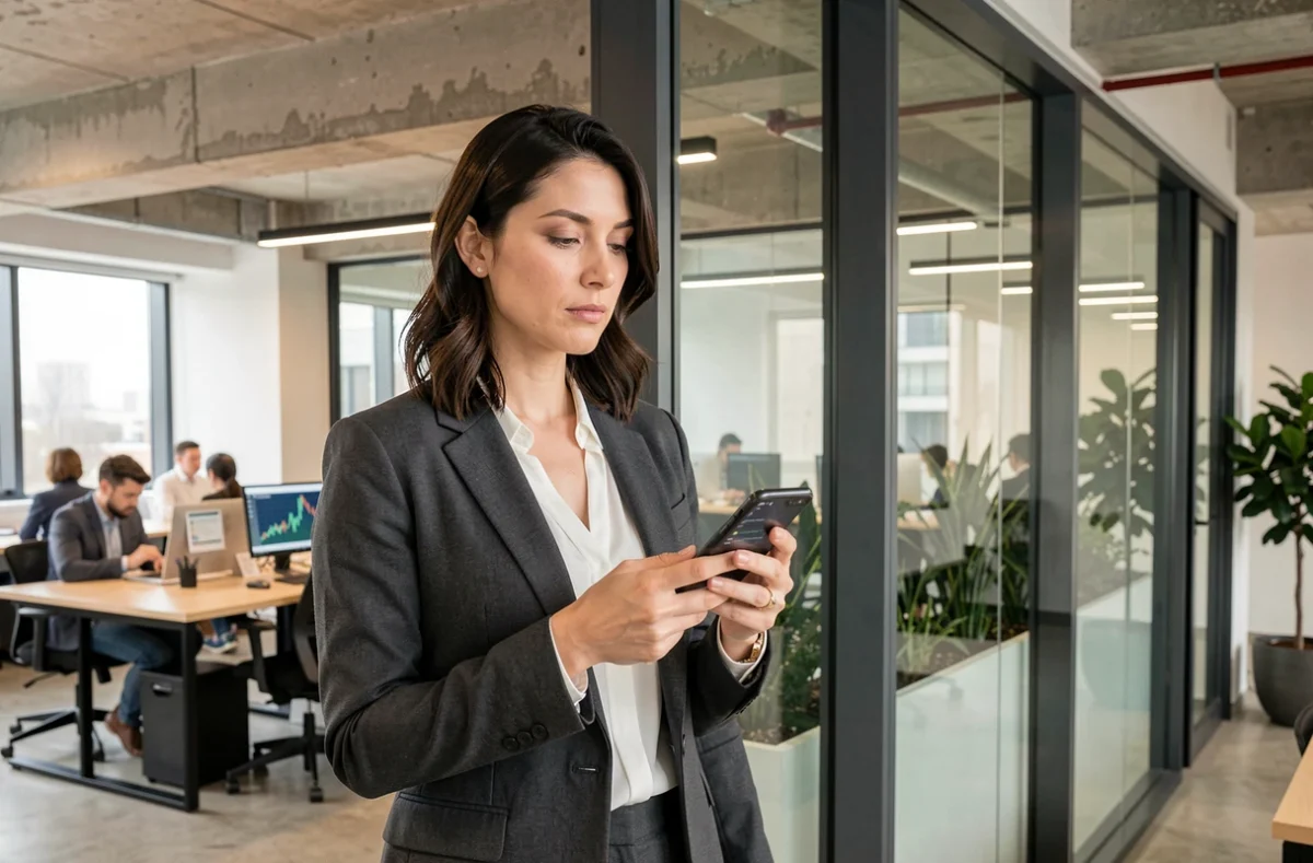 Femme consultan un portefeuille boursier sur smartphone dans un espace de coworking moderne